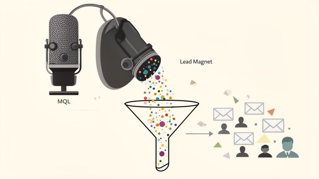 Illustration showing an MQL microphone feeding into a lead magnet funnel for lead generation and email outreach.