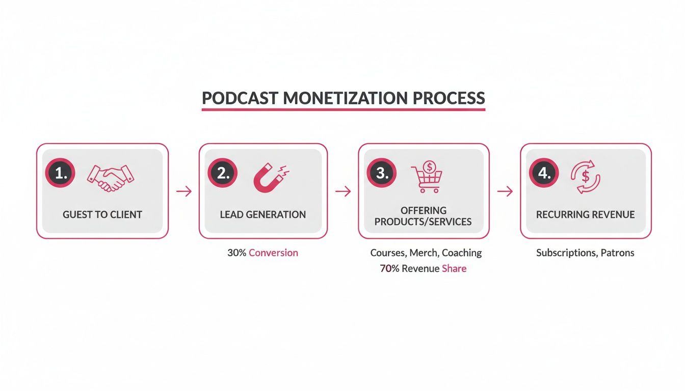 A flowchart illustrates the four-step podcast monetization process: guest to client, lead generation, offering products/services, and recurring revenue.
