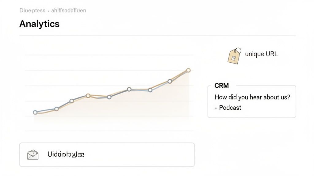 A dashboard displaying analytics with a line graph, unique URL tag, and CRM podcast source.