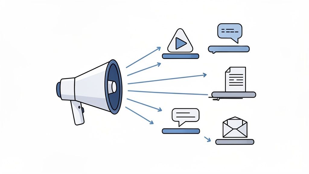A megaphone broadcasts content to video, chat, documents, and email icons, illustrating multi-channel communication.