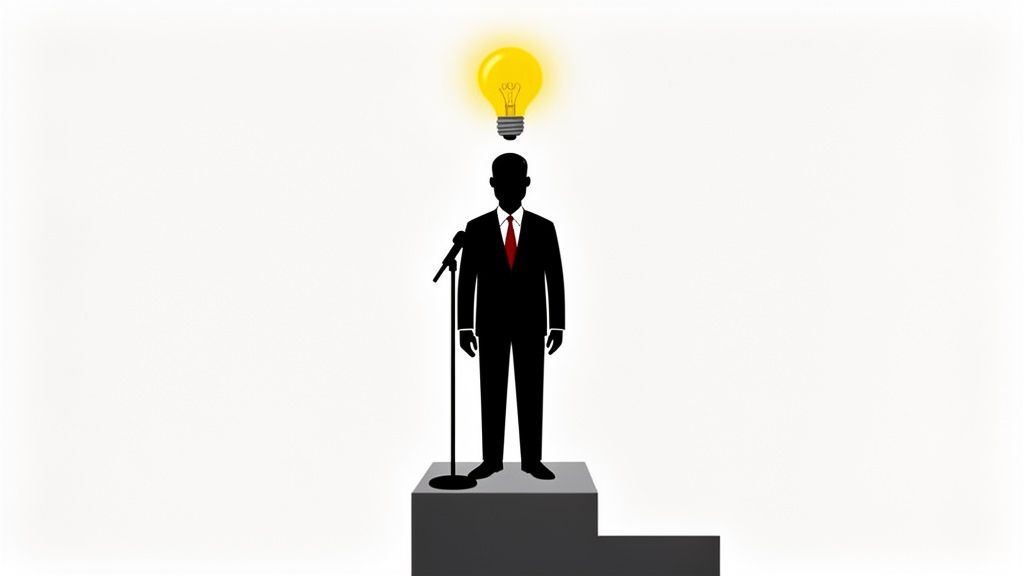 Silhouette of a man on a stage with a microphone and a glowing lightbulb, symbolizing an idea.