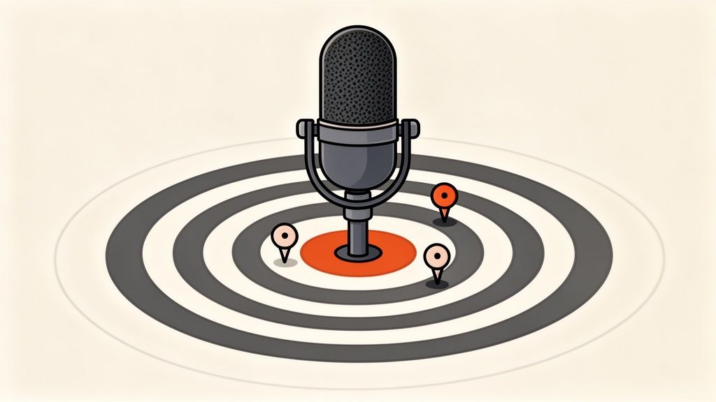 A vintage microphone stands on a target bullseye, surrounded by three location pins, symbolizing targeted audio content.