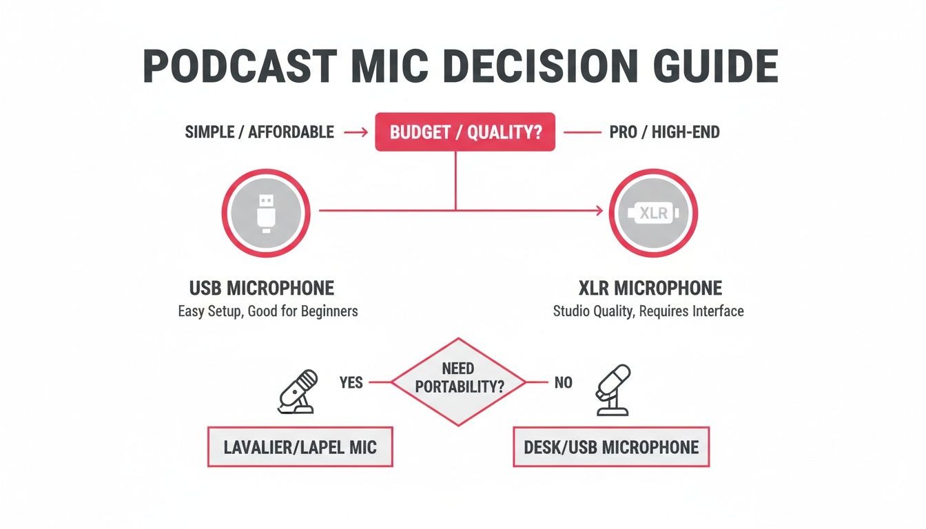 Podcast microphone decision guide flowchart for choosing between USB, XLR, lavalier, and desk microphones.
