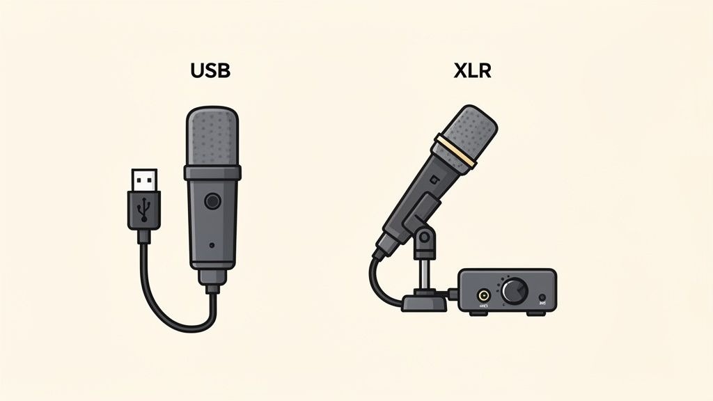 Illustration comparing a USB microphone with its cable and an XLR microphone connected to an audio interface on a stand.