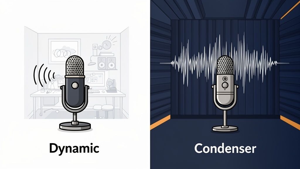 Two types of microphones: a dynamic mic in a room with sound, and a condenser mic in a sound-treated studio.