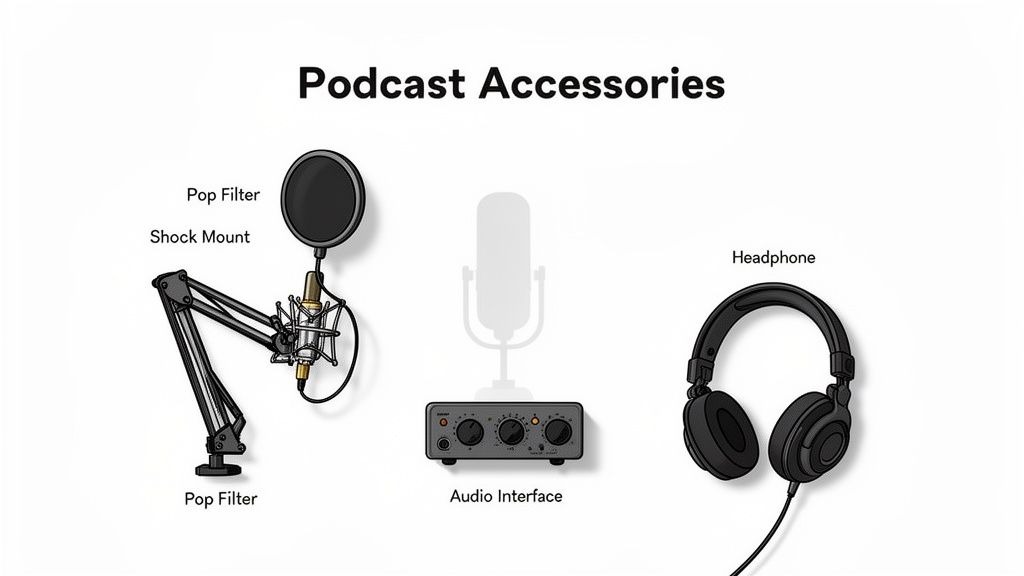 An illustration of essential podcast accessories, including a microphone setup, audio interface, and headphones.