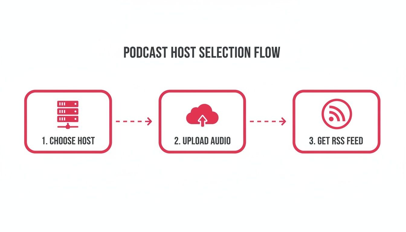 A three-step podcast host selection flow with icons: Choose Host, Upload Audio, Get RSS Feed.