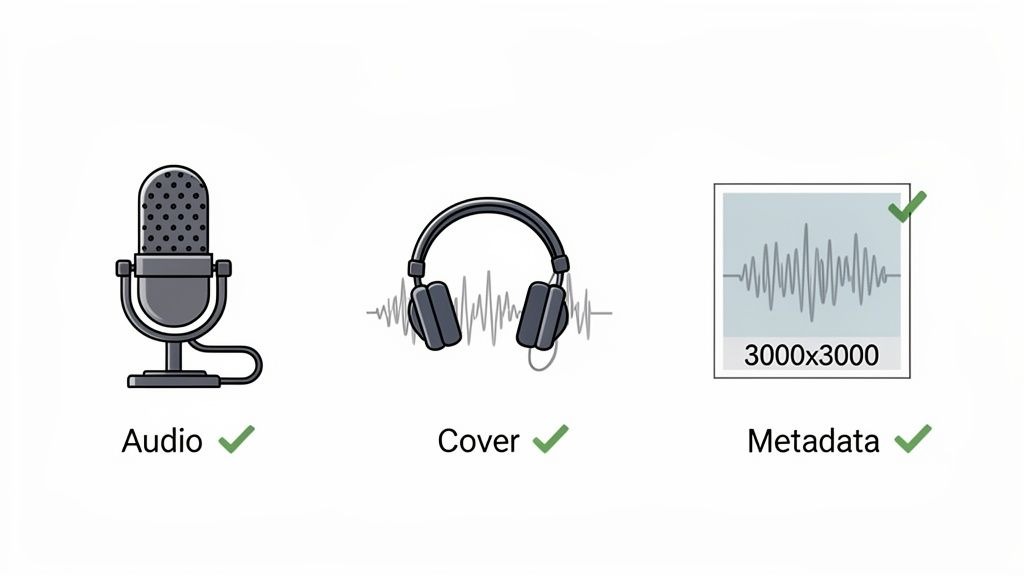 Icons of microphone for audio, headphones for cover, and metadata with 3000x3000 image dimensions, all checked.