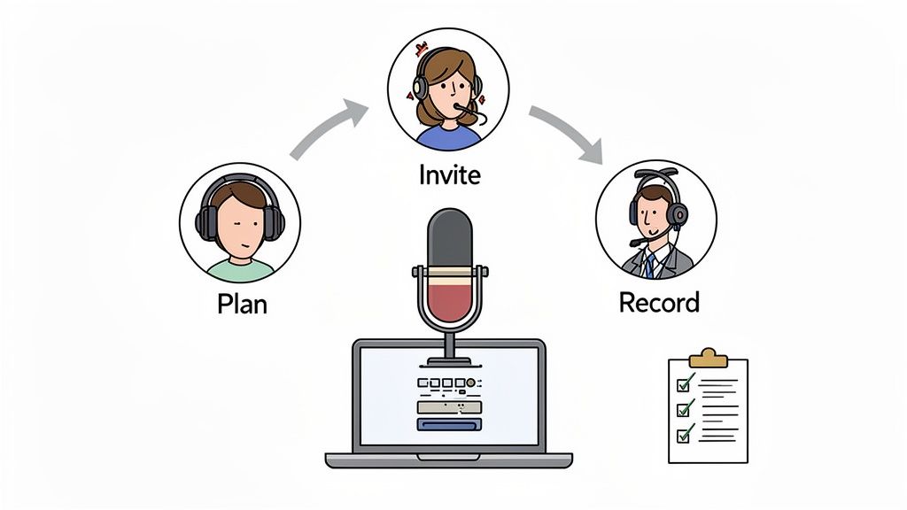 A visual workflow for creating a podcast, detailing plan, invite, and record stages with equipment.