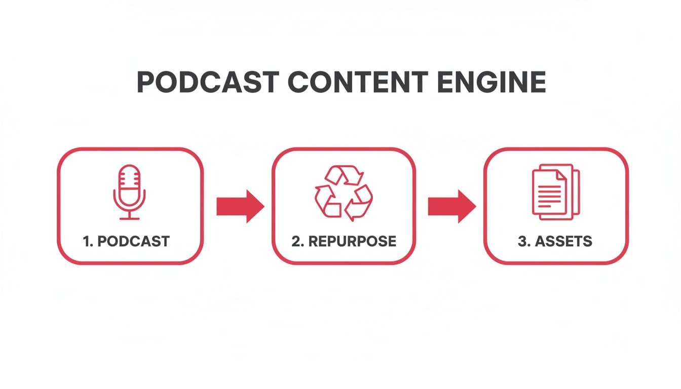 Diagram showing the Podcast Content Engine workflow: podcast creation, repurposing content, and generating assets.
