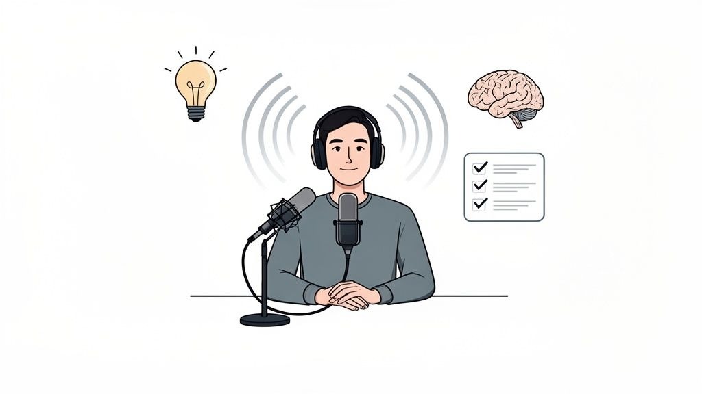 An illustration of a man podcasting, surrounded by symbols for ideas, knowledge, and planning.