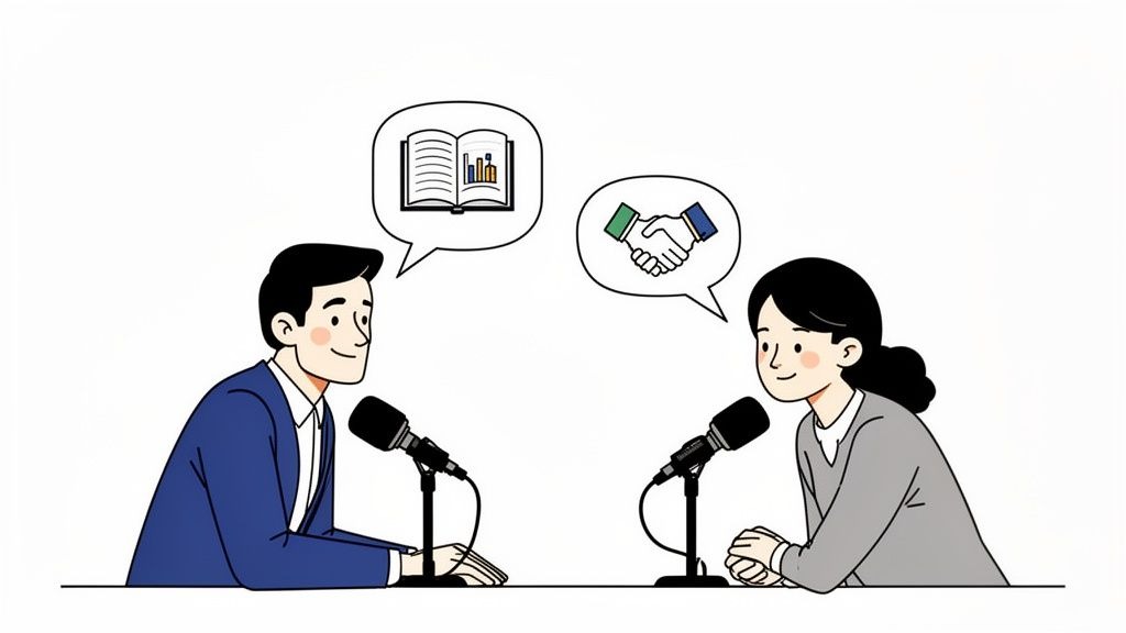 Cartoon illustration of a man and a woman speaking into microphones, representing knowledge sharing and partnership.