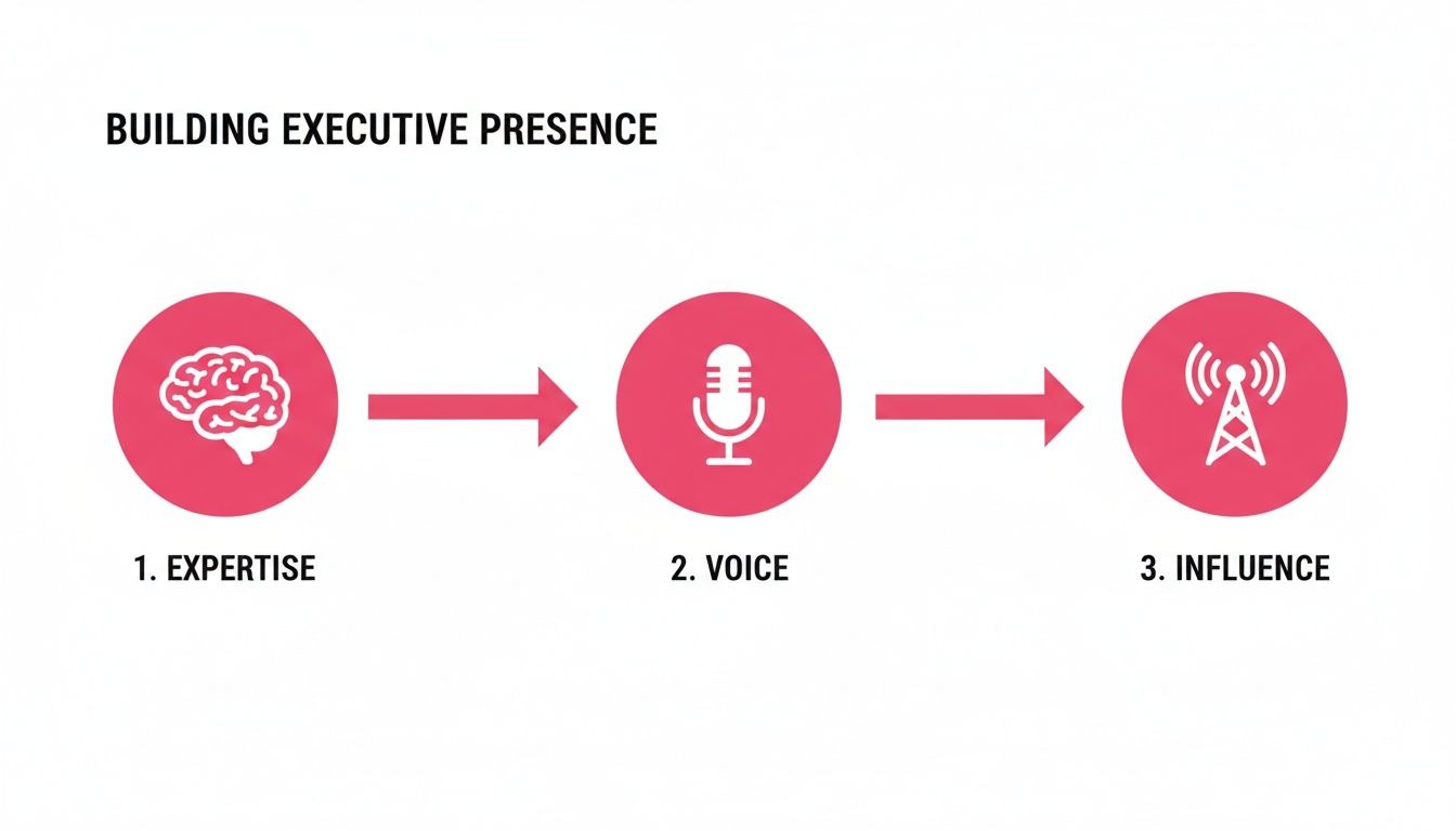 A diagram illustrating the three steps to building executive presence: expertise, voice, and influence.