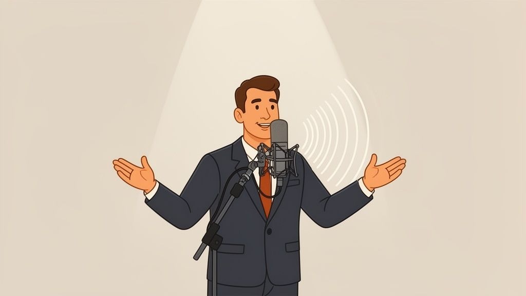 A smiling man in a suit speaks into a studio microphone under a spotlight, with sound waves.