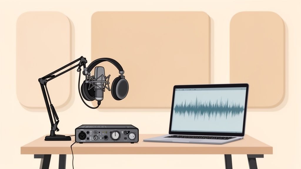 A podcast recording setup featuring a microphone on a boom arm, headphones, an audio interface, and a laptop displaying a sound wave.