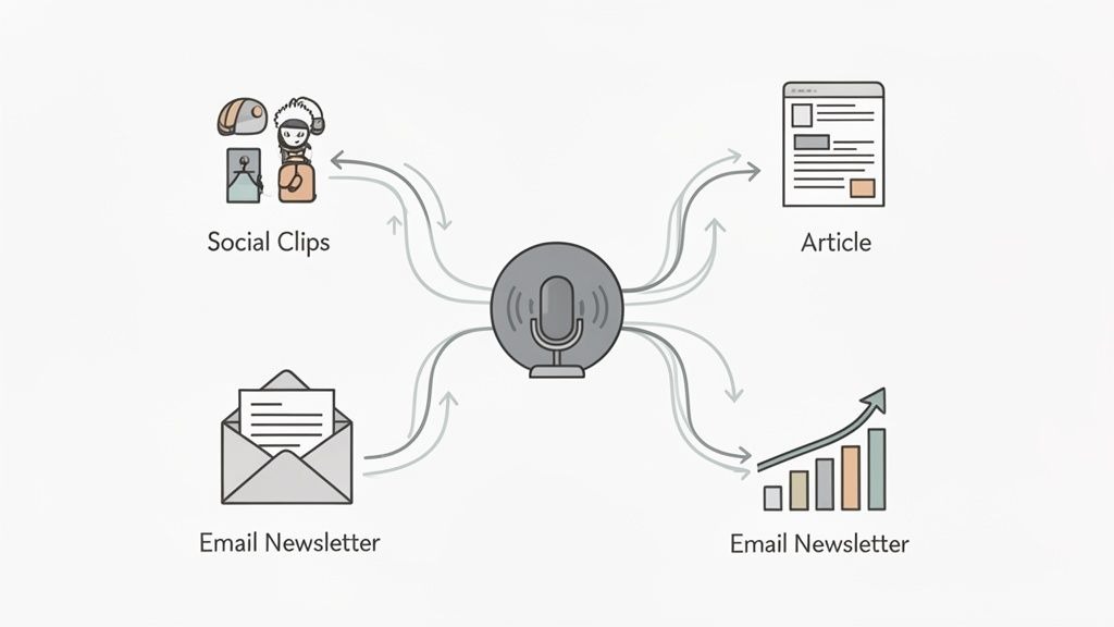 Diagram showing a microphone at the center, with content flowing to and from social clips, articles, and email newsletters.