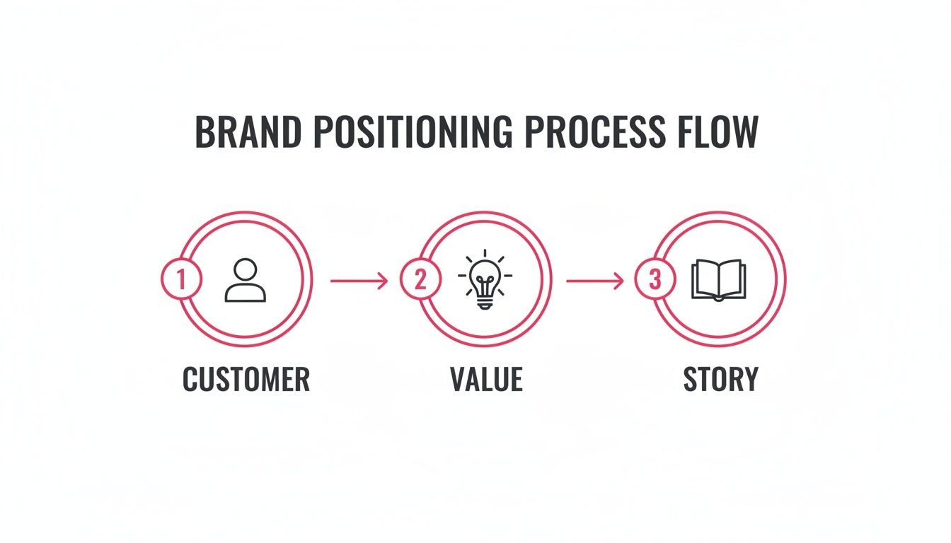 Flowchart illustrating the brand positioning process, showing steps: Customer, Value, and Story.