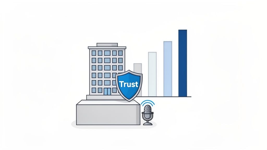 An illustration of a building with a 'Trust' shield, a microphone, and a growing bar graph.