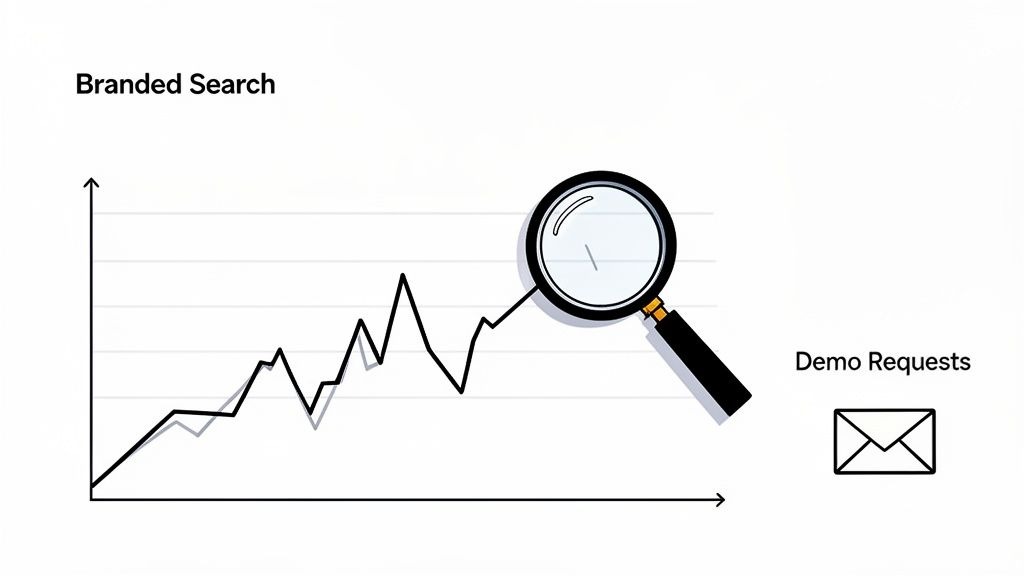A graph showing an upward trend in 'Branded Search' volume, with a magnifying glass examining the growth, correlating to 'Demo Requests' via an envelope icon.