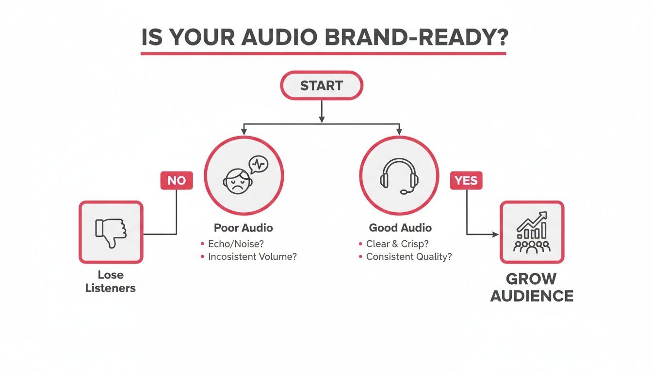 Flowchart showing how good audio quality helps grow an audience, while poor audio leads to losing listeners.