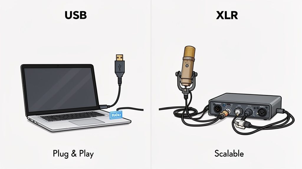 An illustration comparing USB (laptop, USB mic, plug & play) and XLR (microphone, audio interface, scalable) setups.