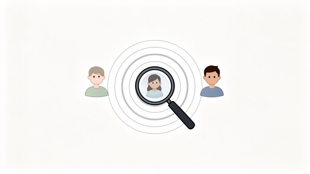 A magnifying glass focuses on a female user avatar, surrounded by two male avatars and concentric search rings.
