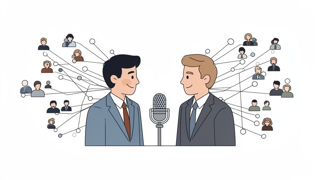 Illustration of two business people talking into a microphone, connected to a network of individuals.
