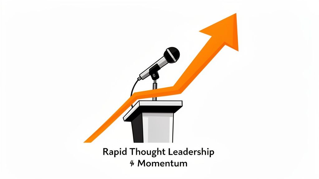 A microphone on a podium with an orange upward arrow, symbolizing rapid thought leadership and momentum.