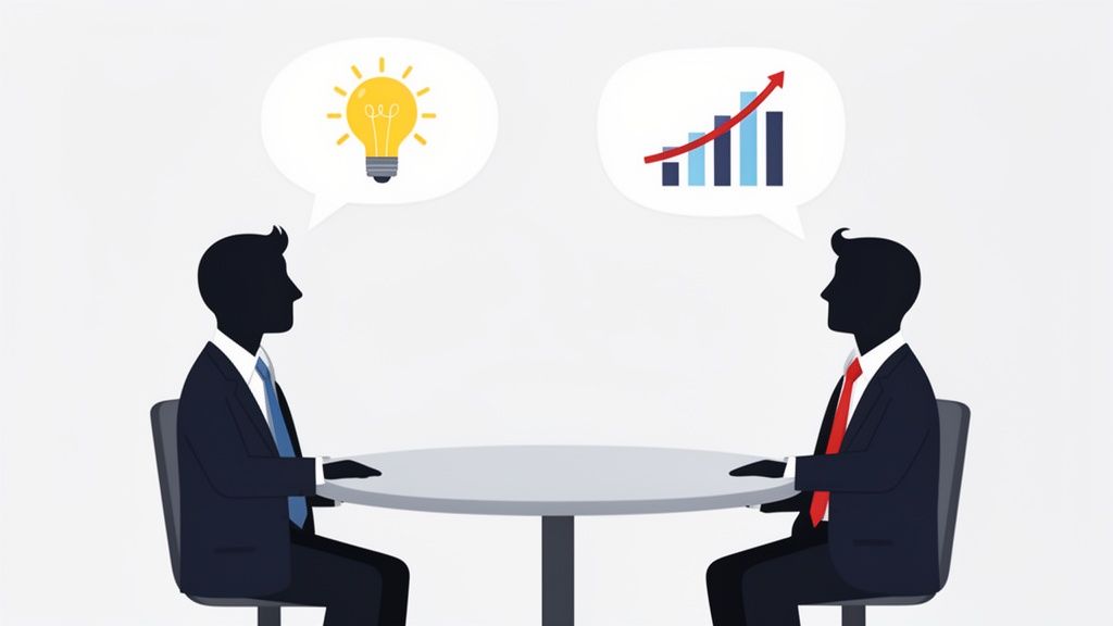 Two business people sit at a table, one with a lightbulb idea, the other with a growth chart.