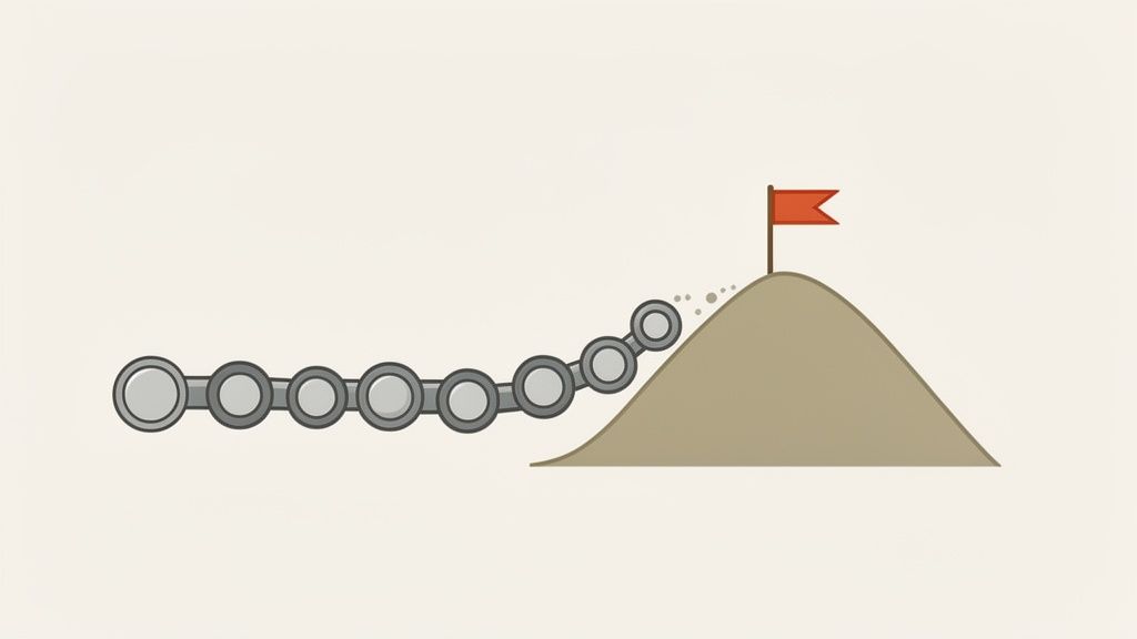 A metal chain slowly climbing a small hill with a red flag on top, symbolizing progress.