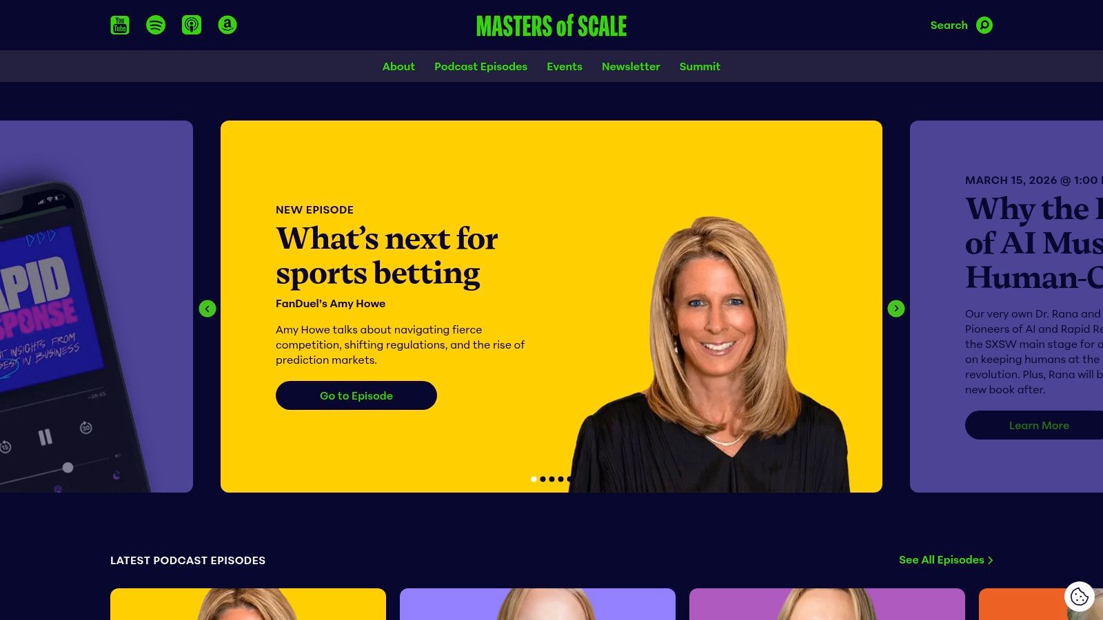 Masters of Scale podcast website homepage showing magazine-style layout and episode cards