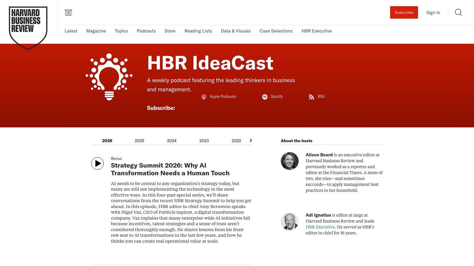 HBR IdeaCast podcast website showing a list of recent episodes and subscribe options