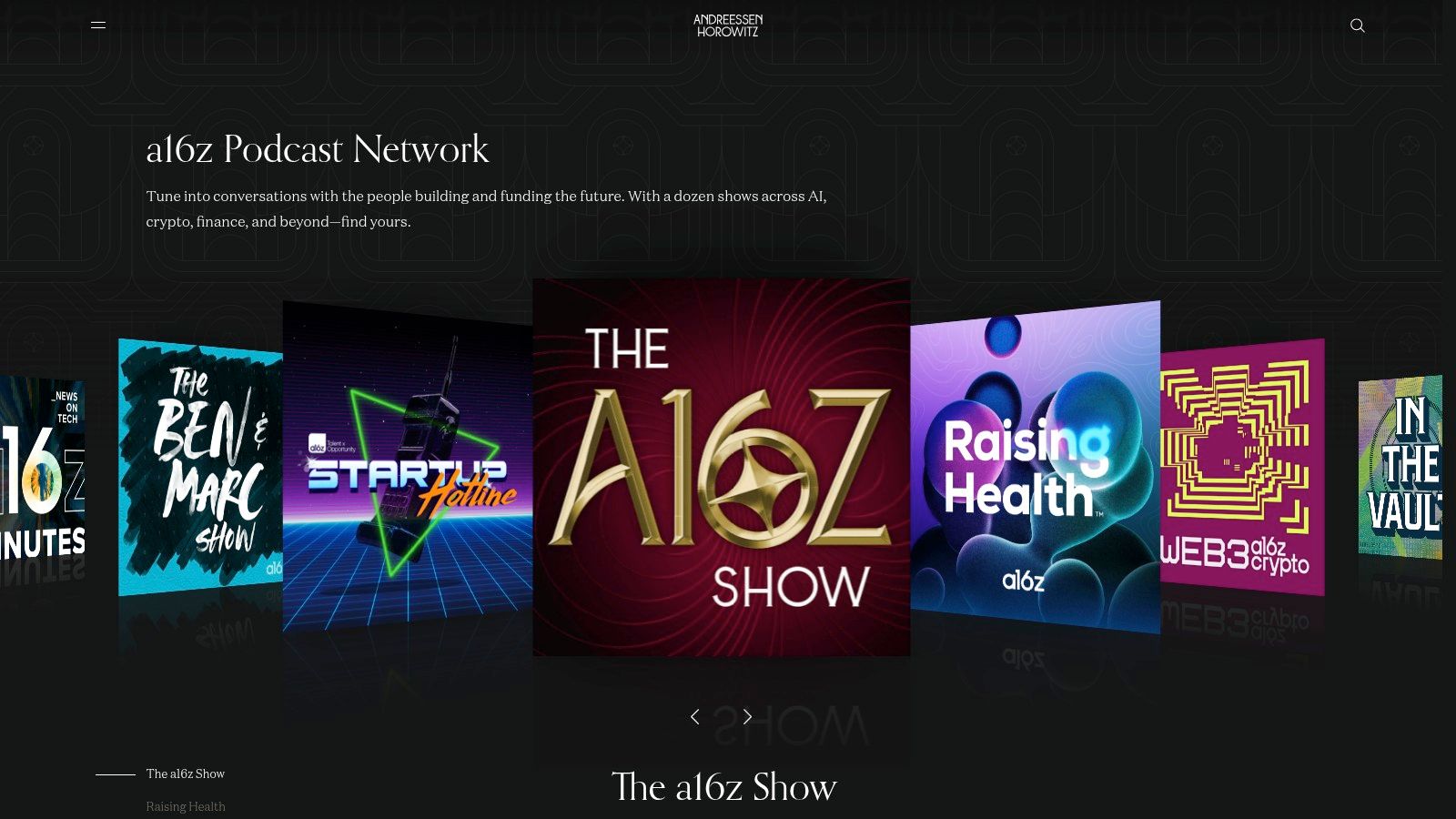 a16z Podcast Network homepage showcasing multiple shows