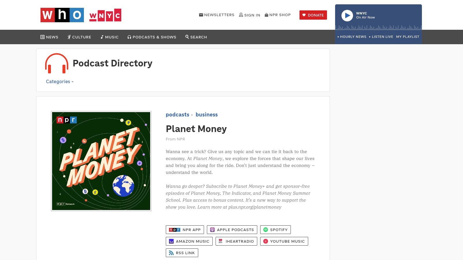 Planet Money podcast website on NPR showing the show's logo and a list of recent episodes