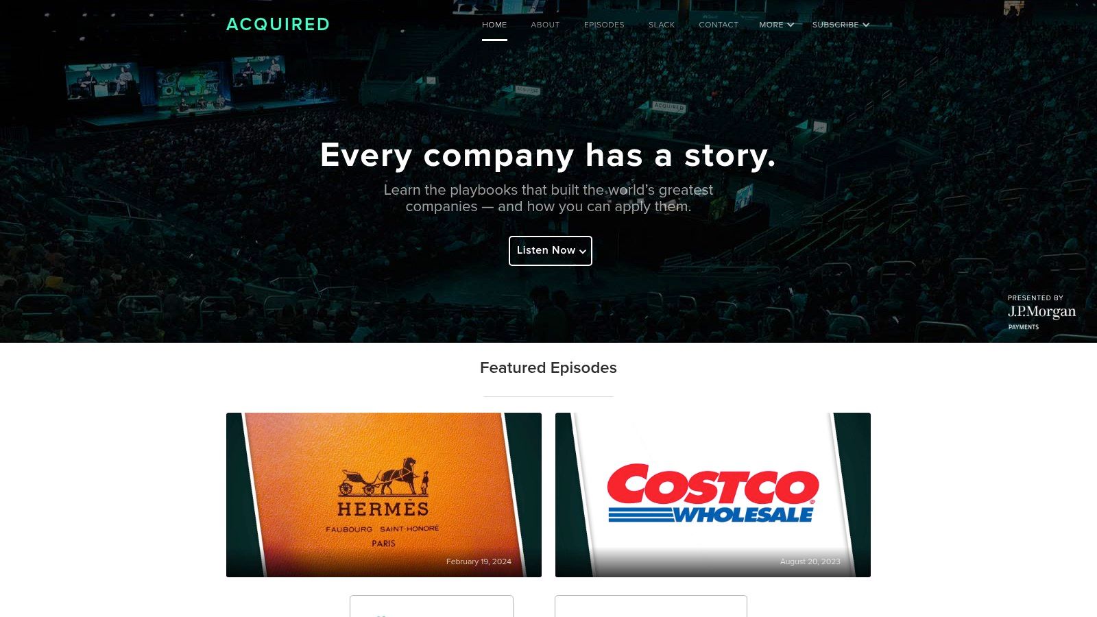 Acquired podcast website homepage showing listen now and subscribe buttons