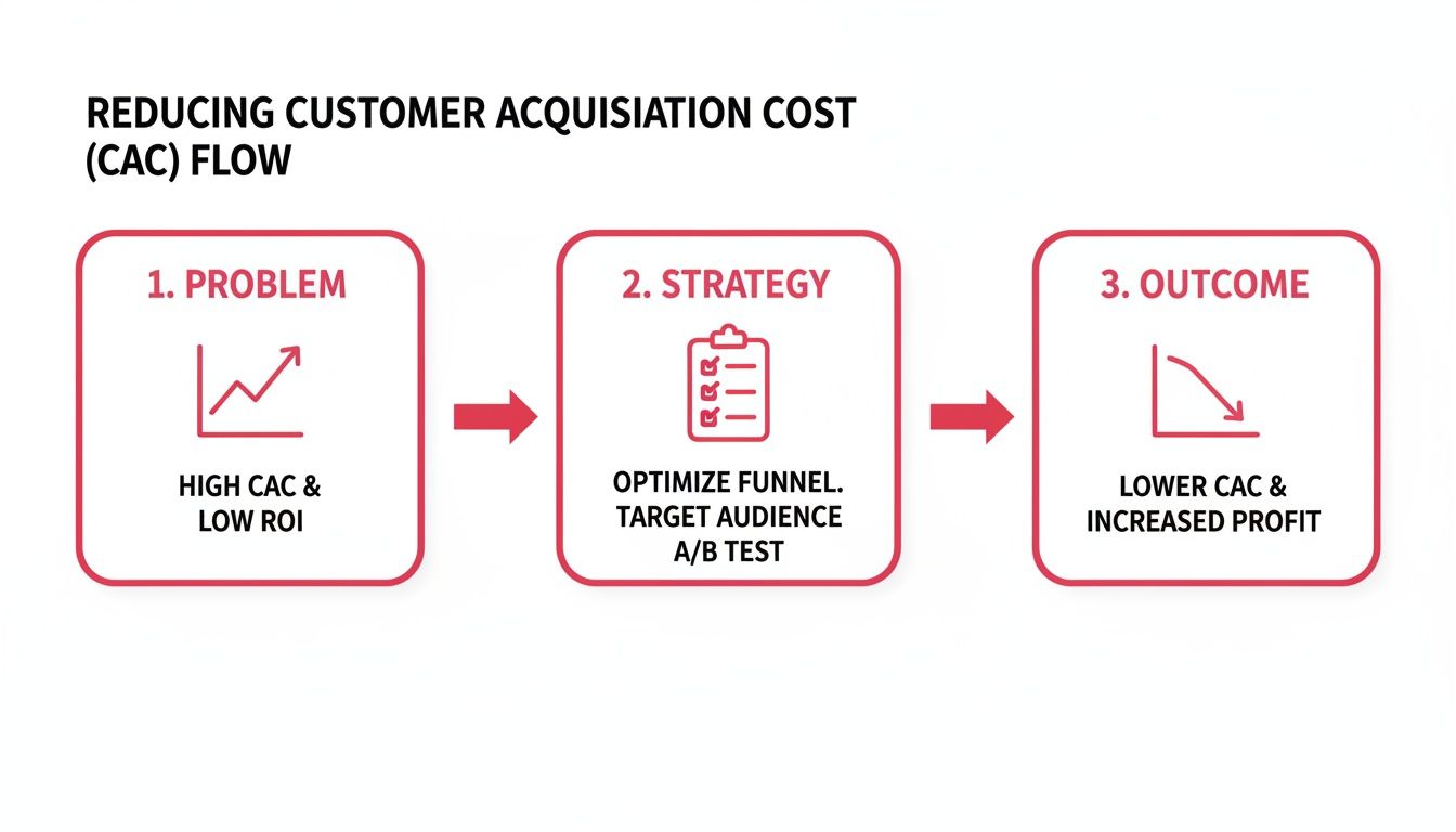 Three-step flowchart illustrating how to reduce customer acquisition cost (CAC) for increased profit.