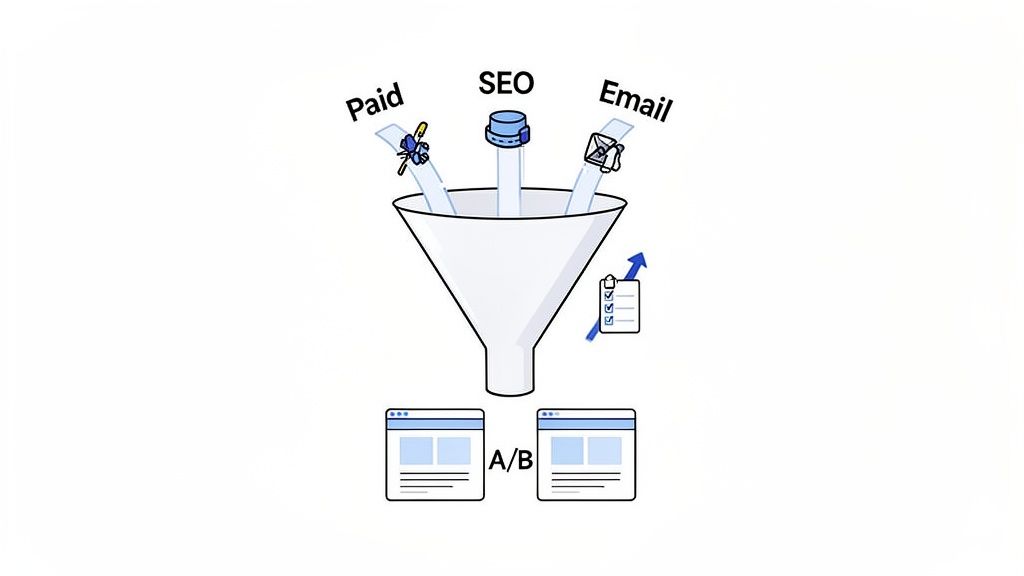 A marketing funnel illustrating Paid, SEO, and Email channels leading to A/B testing and optimization.