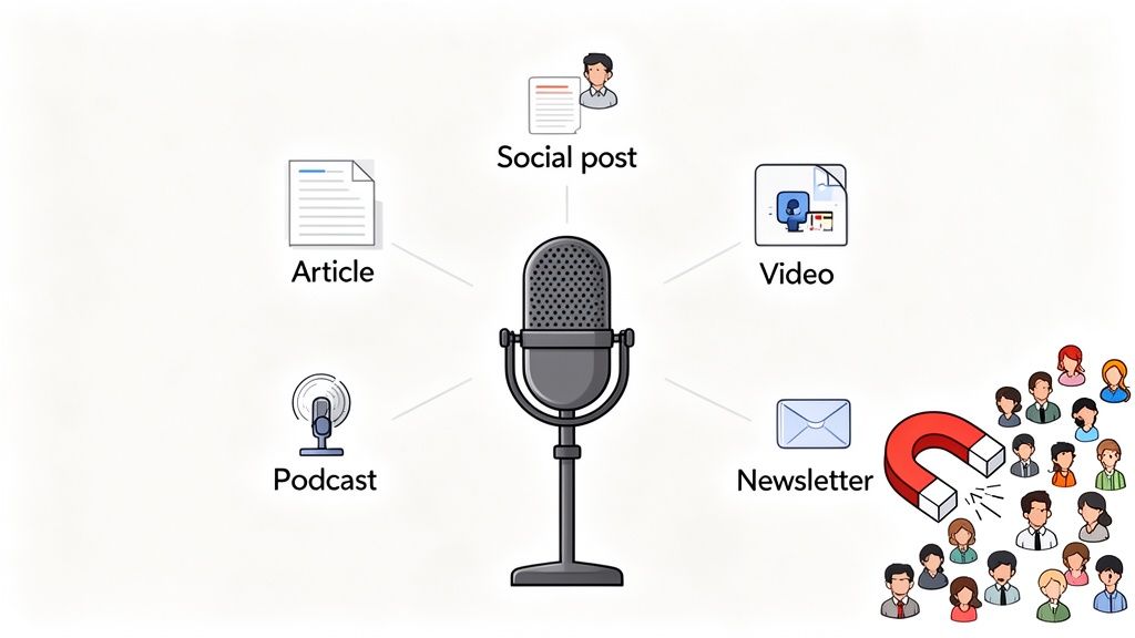 A diagram illustrating a microphone producing articles, social posts, videos, podcasts, and newsletters to attract an audience.