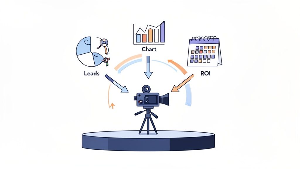 Illustration showing a video camera on a tripod connected to business metrics like leads, charts, and ROI.