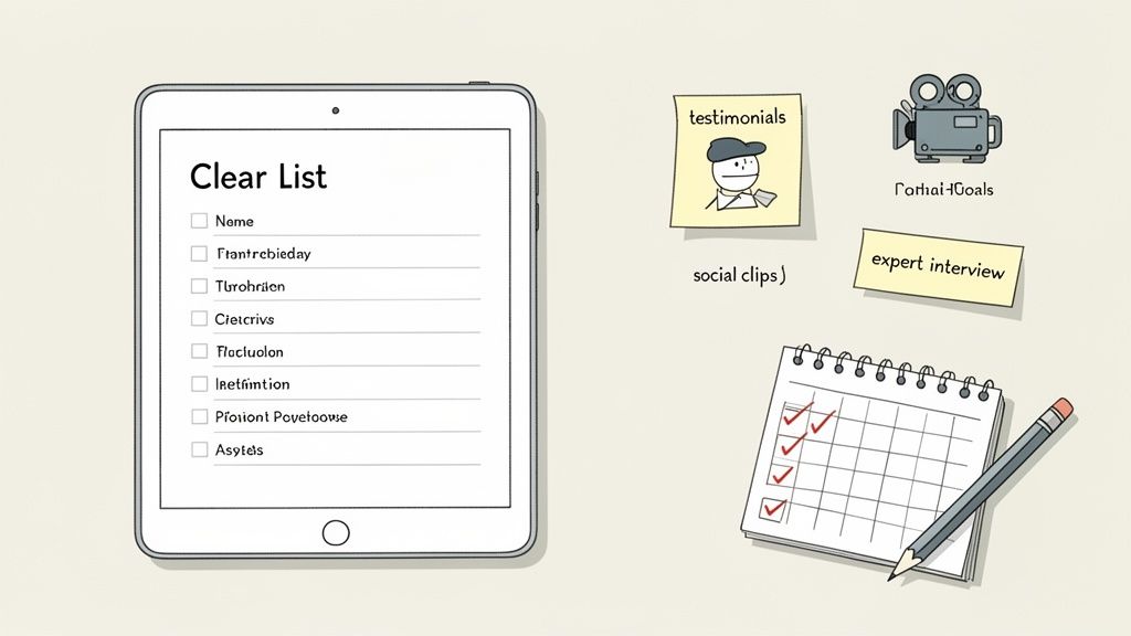 Cartoon illustration of a tablet checklist, video content ideas on sticky notes, a film camera, and a task tracker.