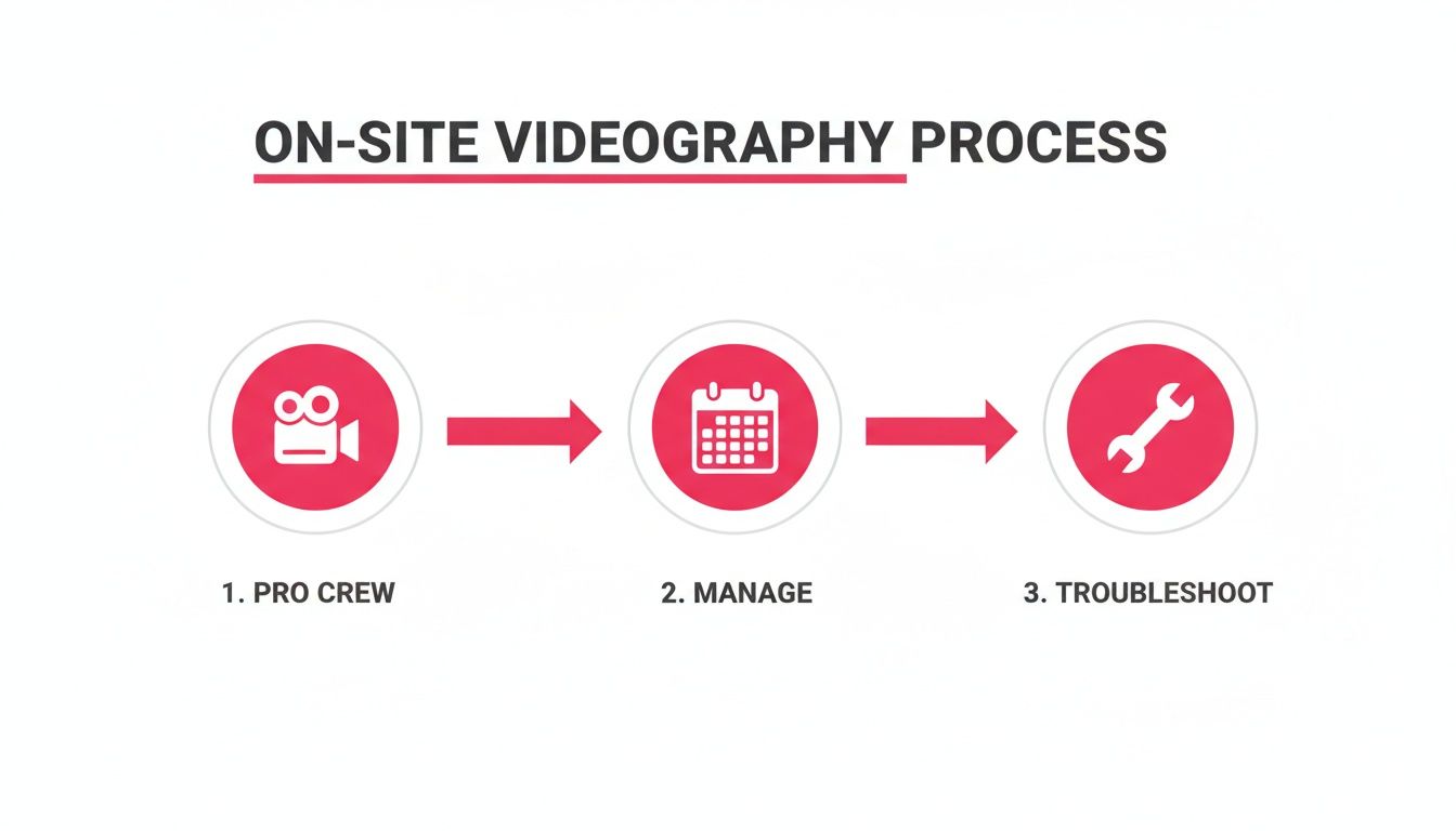 An infographic showing the on-site videography process with three steps: Pro Crew, Manage, and Troubleshoot.