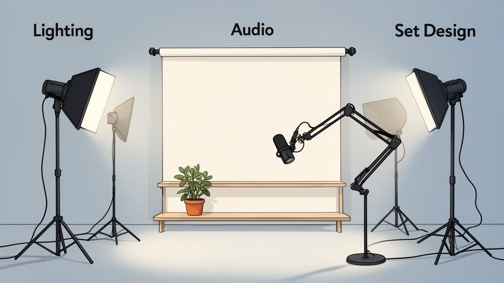 A studio setup illustrating lighting, audio (microphone), and set design with a backdrop and plant.