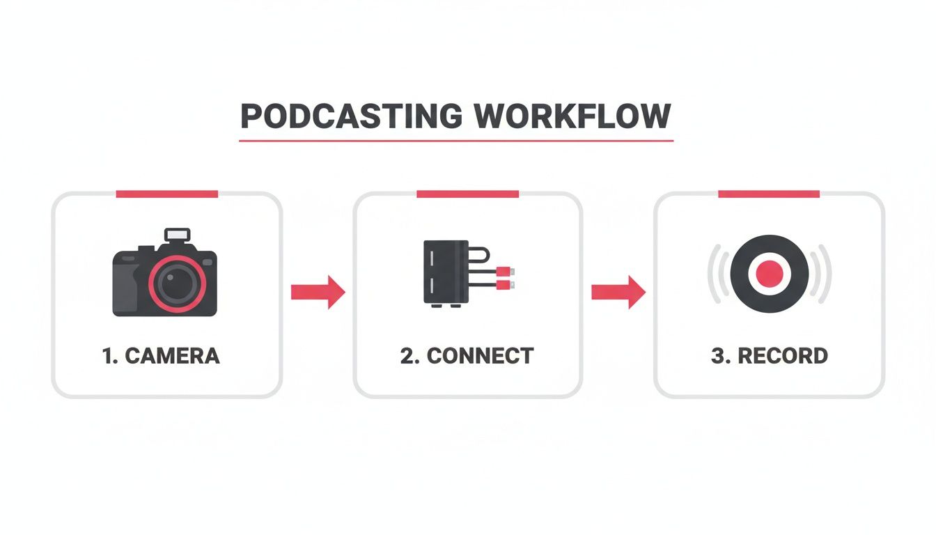 A visual diagram outlining a podcasting workflow, featuring steps for camera, connecting audio, and recording.