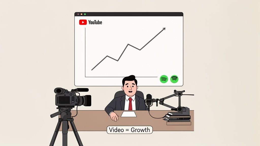 A man records video content for YouTube and podcasts, demonstrating media growth.