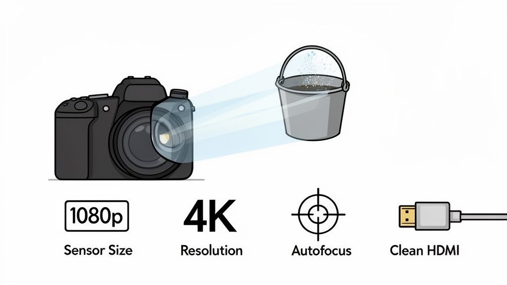 Illustration of a camera projecting light into a bucket, highlighting features: 1080p sensor, 4K resolution, autofocus, and clean HDMI.