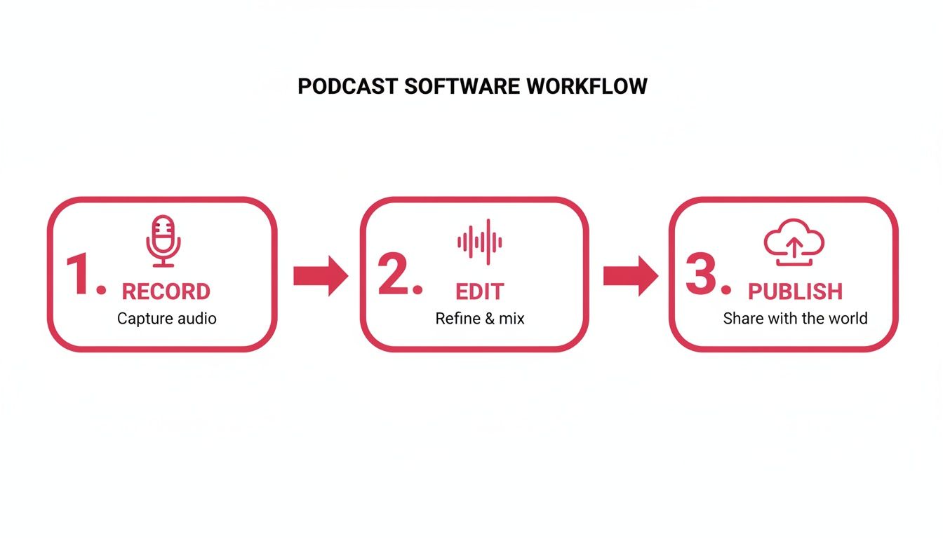 A three-step diagram illustrates the podcast software workflow: record, edit, and publish.