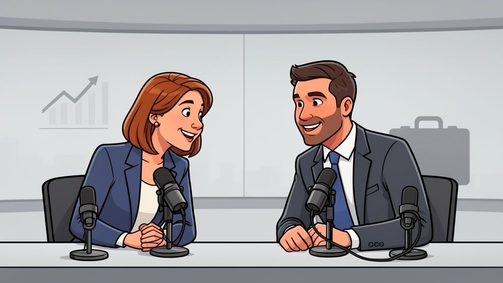 A man and a woman smile while recording a podcast in a studio with microphones.