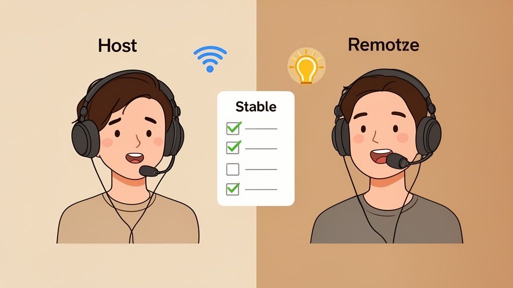 Two cartoon characters, Host and Remote, with headsets illustrating stable connection for a home podcast setup.