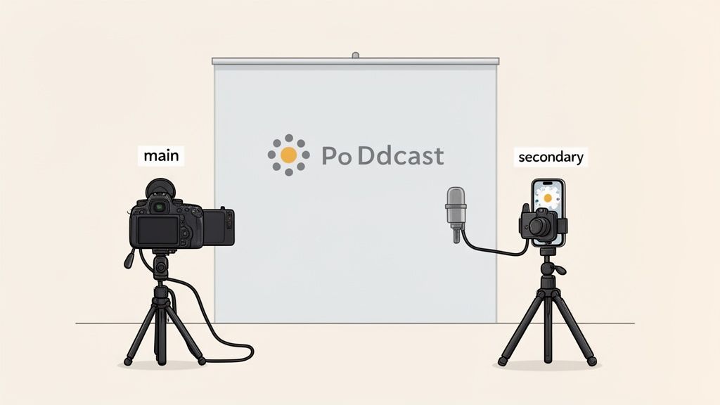 A home podcast setup with main DSLR camera, secondary smartphone, external microphone, and 'Po Dddcast' screen.