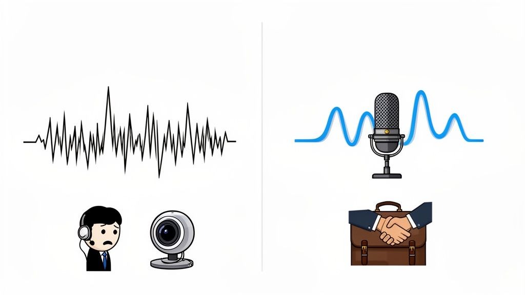 Visualizing the journey from poor, noisy audio to clear, professional sound for successful online communication.